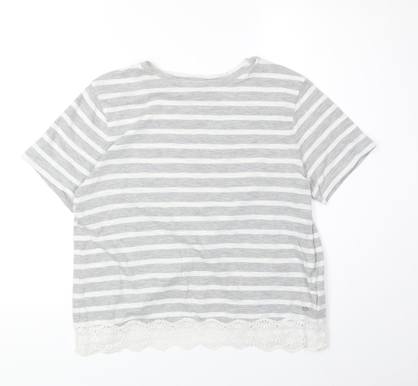 Superdry Womens Grey Striped Cotton Basic T-Shirt Size 12 Round Neck - Lace Detail