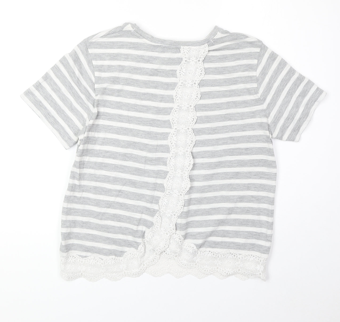 Superdry Womens Grey Striped Cotton Basic T-Shirt Size 12 Round Neck - Lace Detail