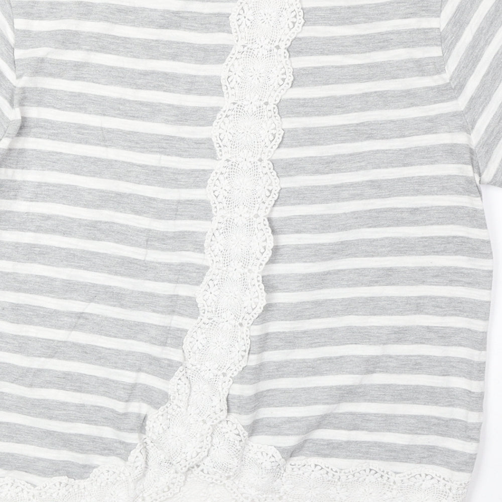 Superdry Womens Grey Striped Cotton Basic T-Shirt Size 12 Round Neck - Lace Detail