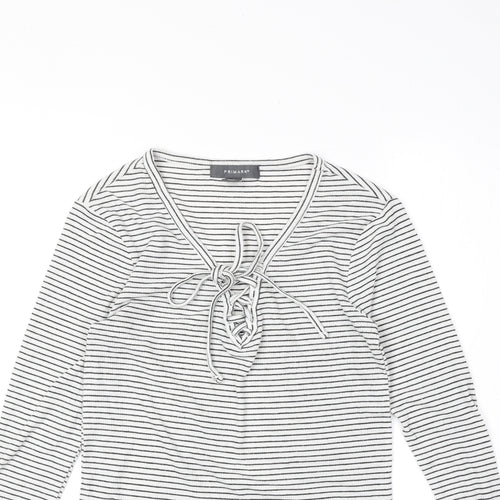 Primark Womens White Striped Polyester Basic T-Shirt Size XS V-Neck