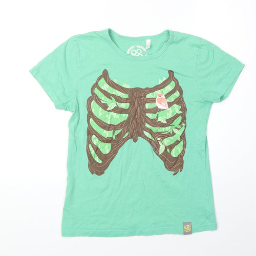 Preworn Womens Green 100% Cotton Basic T-Shirt Size S Scoop Neck - Ribcage. Bird