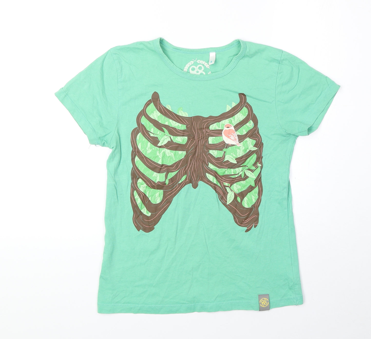 Preworn Womens Green 100% Cotton Basic T-Shirt Size S Scoop Neck - Ribcage. Bird