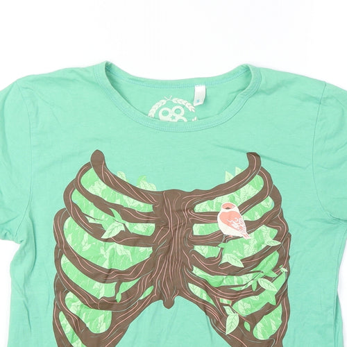Preworn Womens Green 100% Cotton Basic T-Shirt Size S Scoop Neck - Ribcage. Bird
