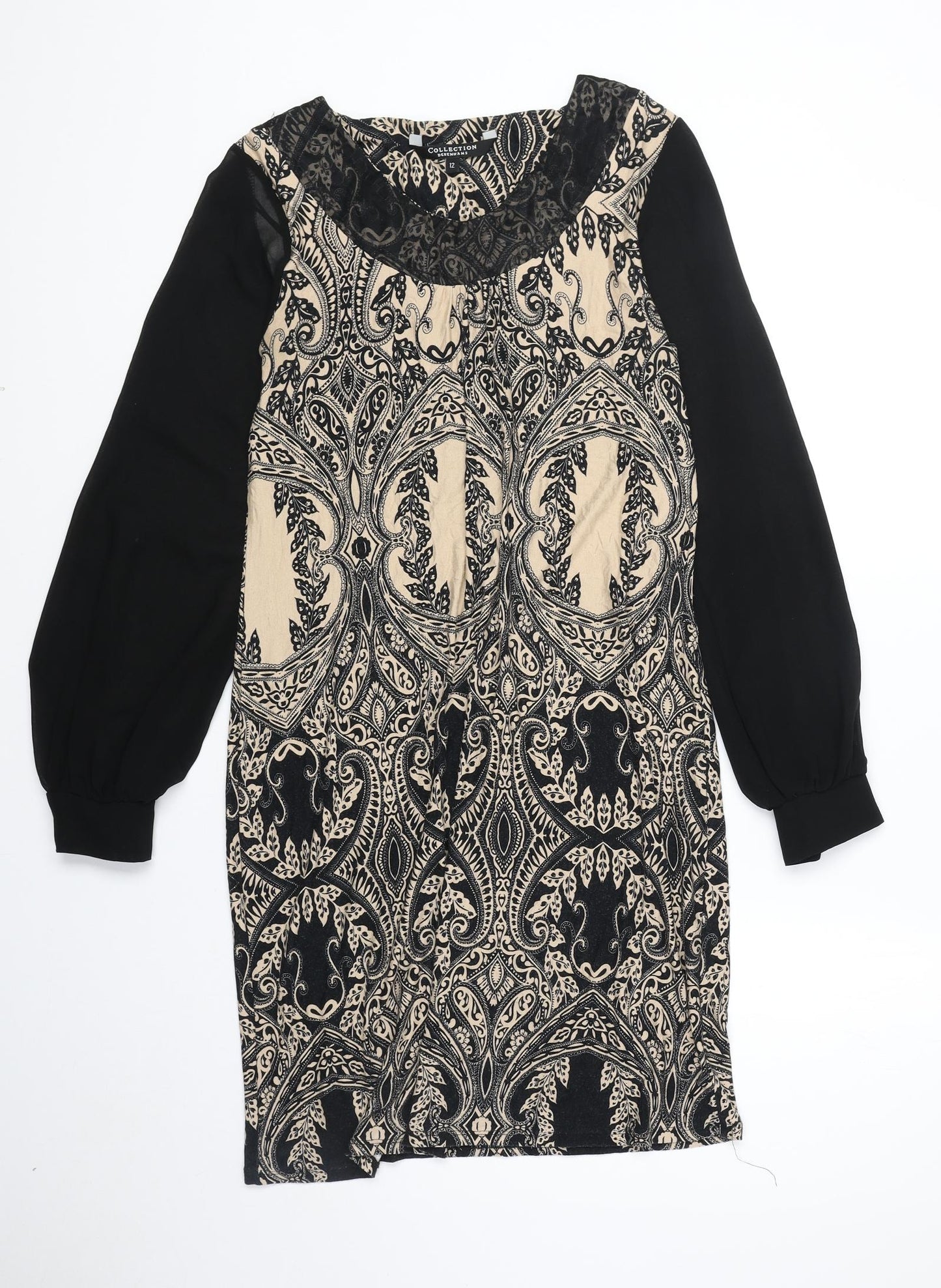 Debenhams Womens Black Geometric Polyester A-Line Size 12 Round Neck Pullover