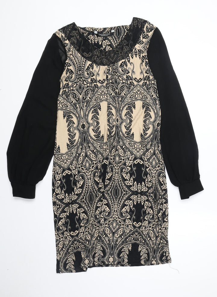 Debenhams Womens Black Geometric Polyester A-Line Size 12 Round Neck Pullover