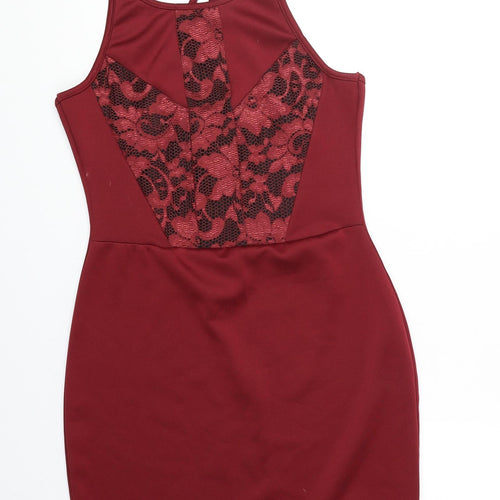 Boohoo Womens Red Floral Polyester Bodycon Size 10 Round Neck Pullover