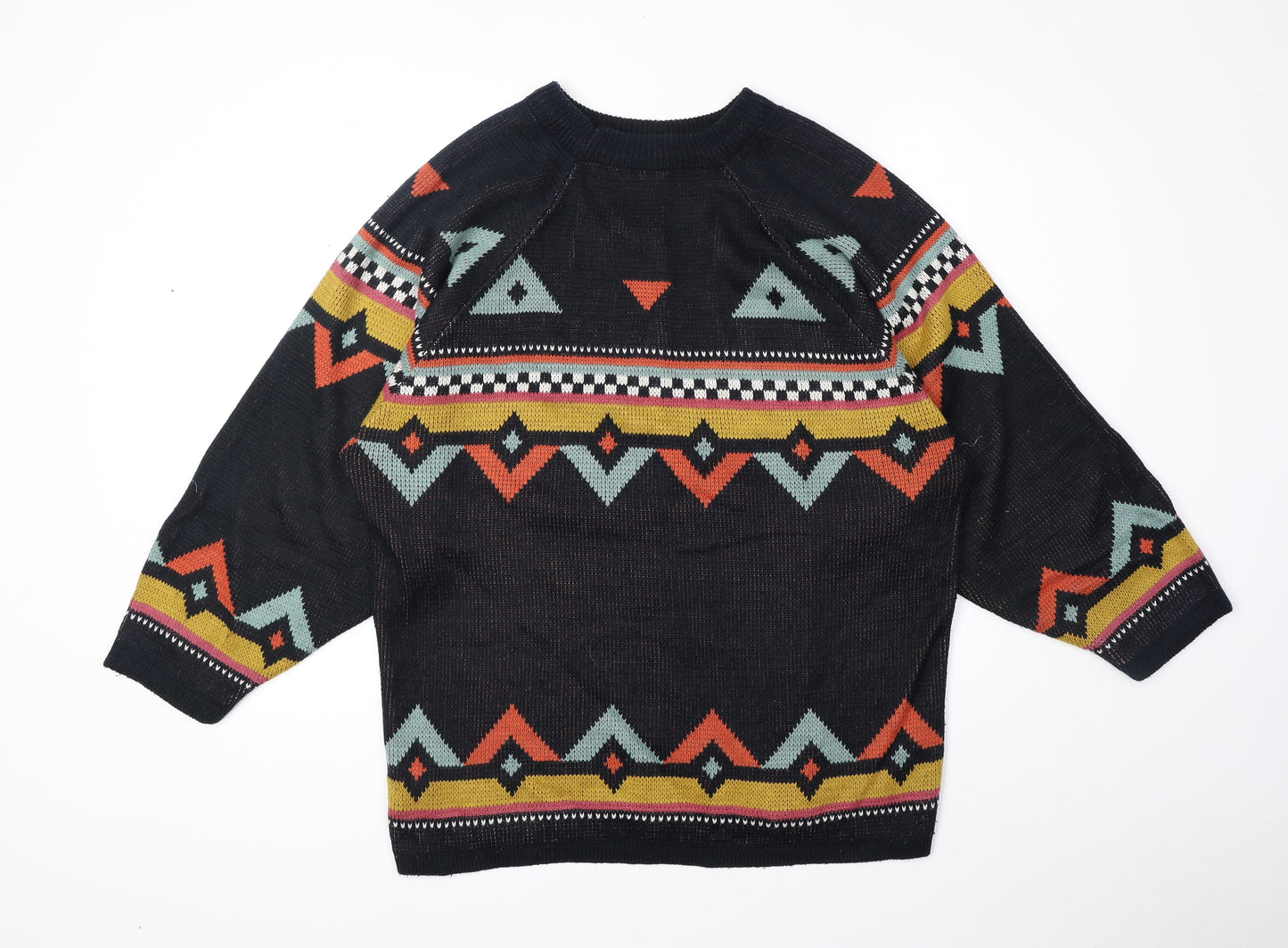 Preworn Womens Black Round Neck Geometric Acrylic Pullover Jumper One Size