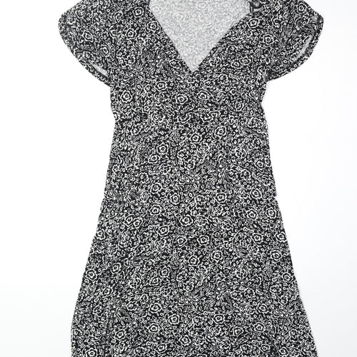 F&F Womens Black Floral Viscose Fit & Flare Size 8 V-Neck Pullover
