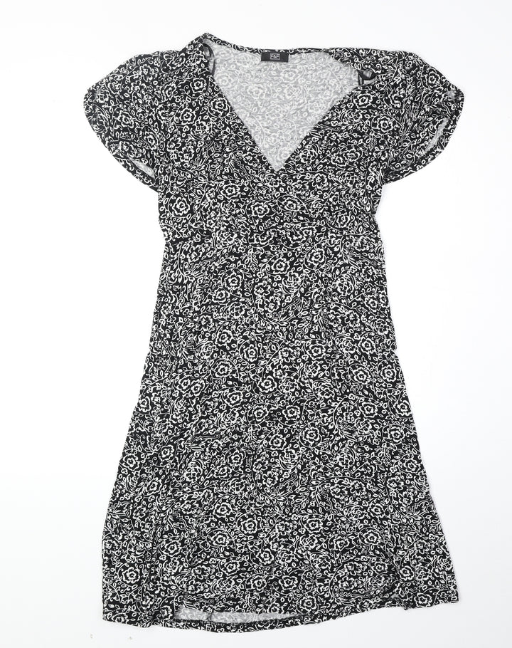 F&F Womens Black Floral Viscose Fit & Flare Size 8 V-Neck Pullover