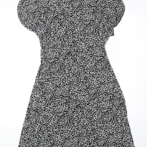 F&F Womens Black Floral Viscose Fit & Flare Size 8 V-Neck Pullover