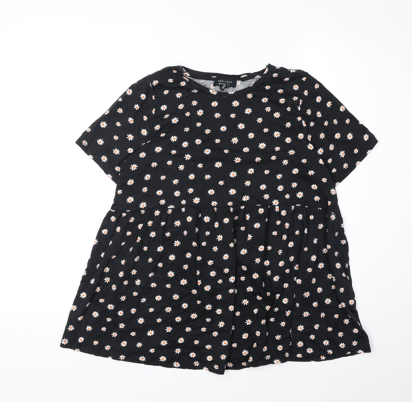 New Look Womens Black Floral 100% Cotton Basic Blouse Size 10 Round Neck - Daisy Print