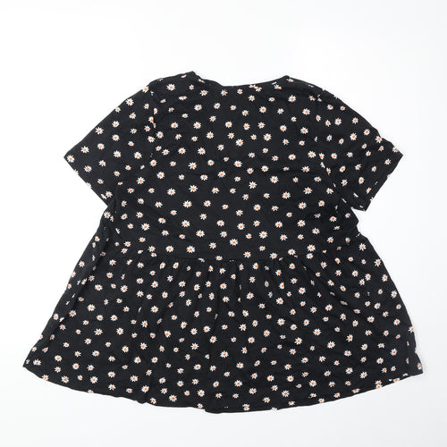 New Look Womens Black Floral 100% Cotton Basic Blouse Size 10 Round Neck - Daisy Print