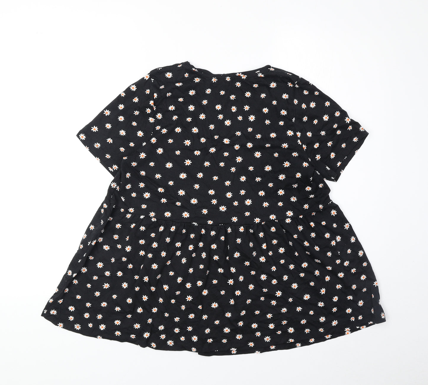 New Look Womens Black Floral 100% Cotton Basic Blouse Size 10 Round Neck - Daisy Print