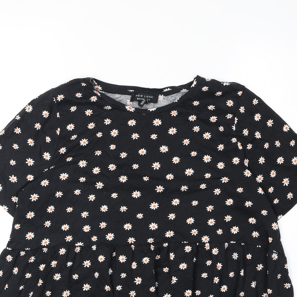 New Look Womens Black Floral 100% Cotton Basic Blouse Size 10 Round Neck - Daisy Print