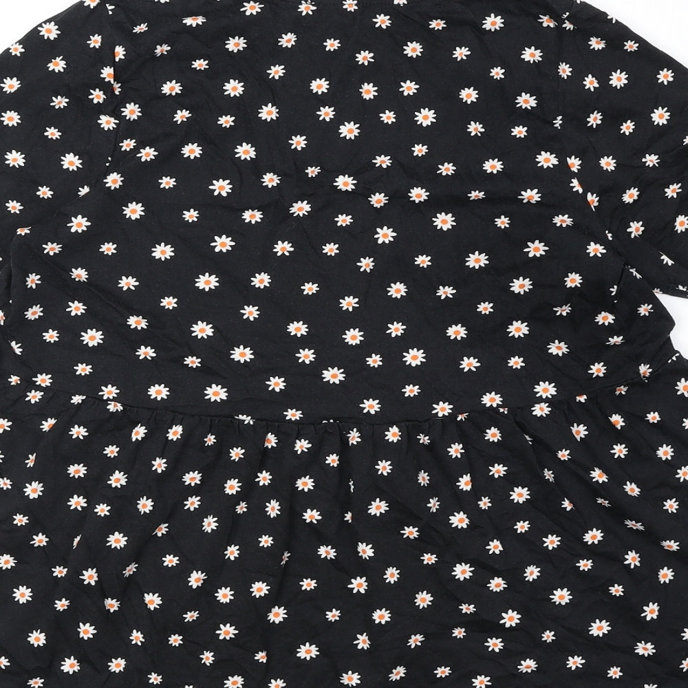 New Look Womens Black Floral 100% Cotton Basic Blouse Size 10 Round Neck - Daisy Print