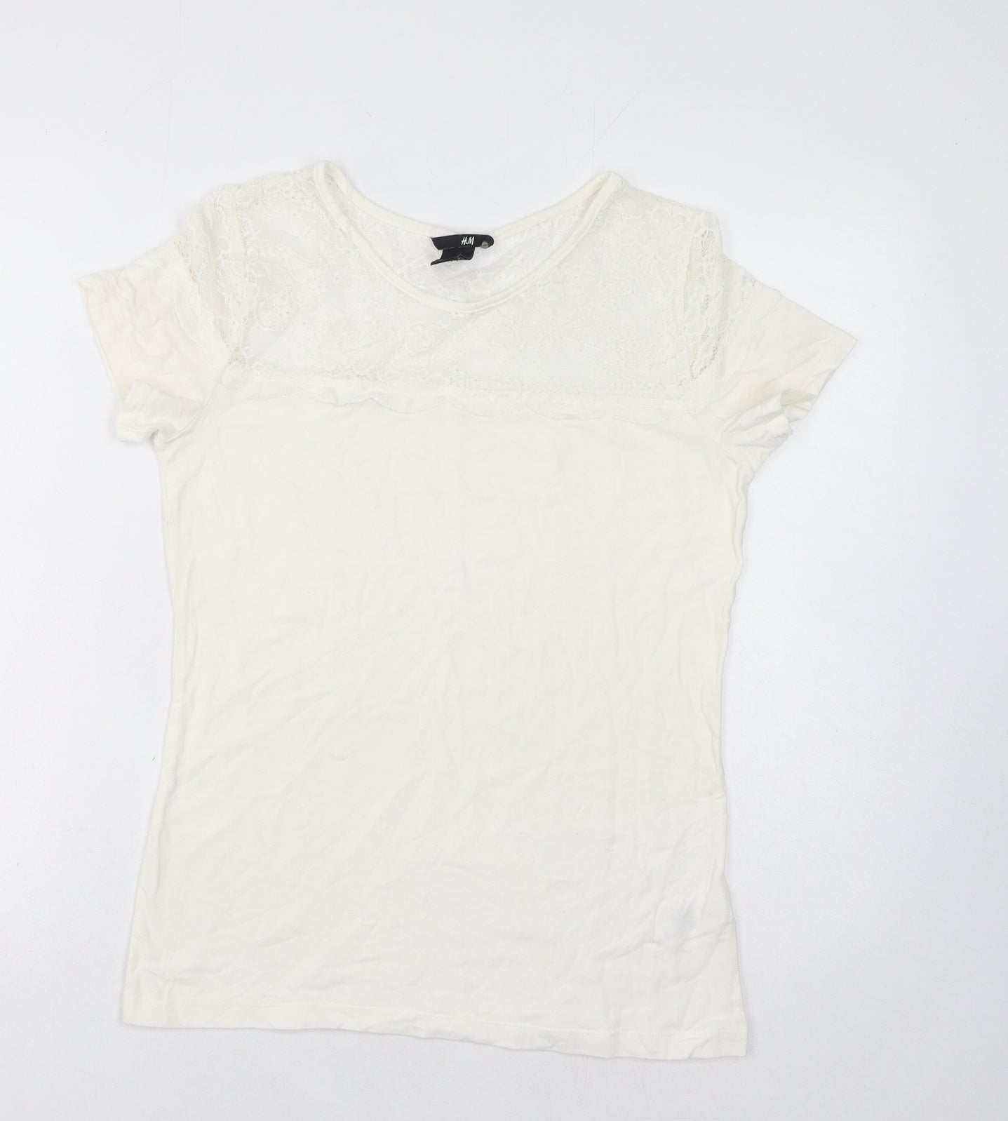 H&M Womens White Polyamide Basic T-Shirt Size M Scoop Neck - Lace Detail