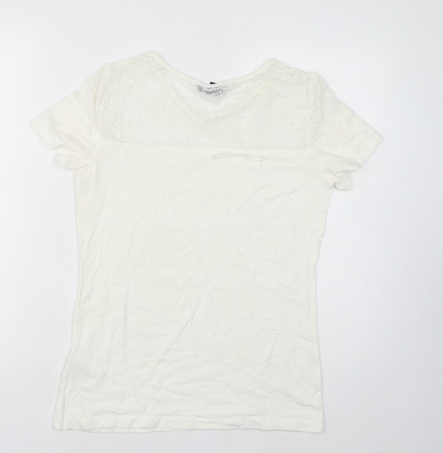 H&M Womens White Polyamide Basic T-Shirt Size M Scoop Neck - Lace Detail