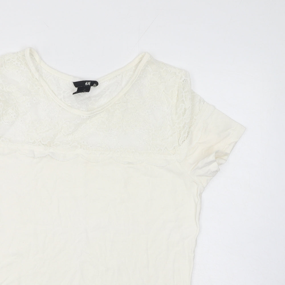 H&M Womens White Polyamide Basic T-Shirt Size M Scoop Neck - Lace Detail