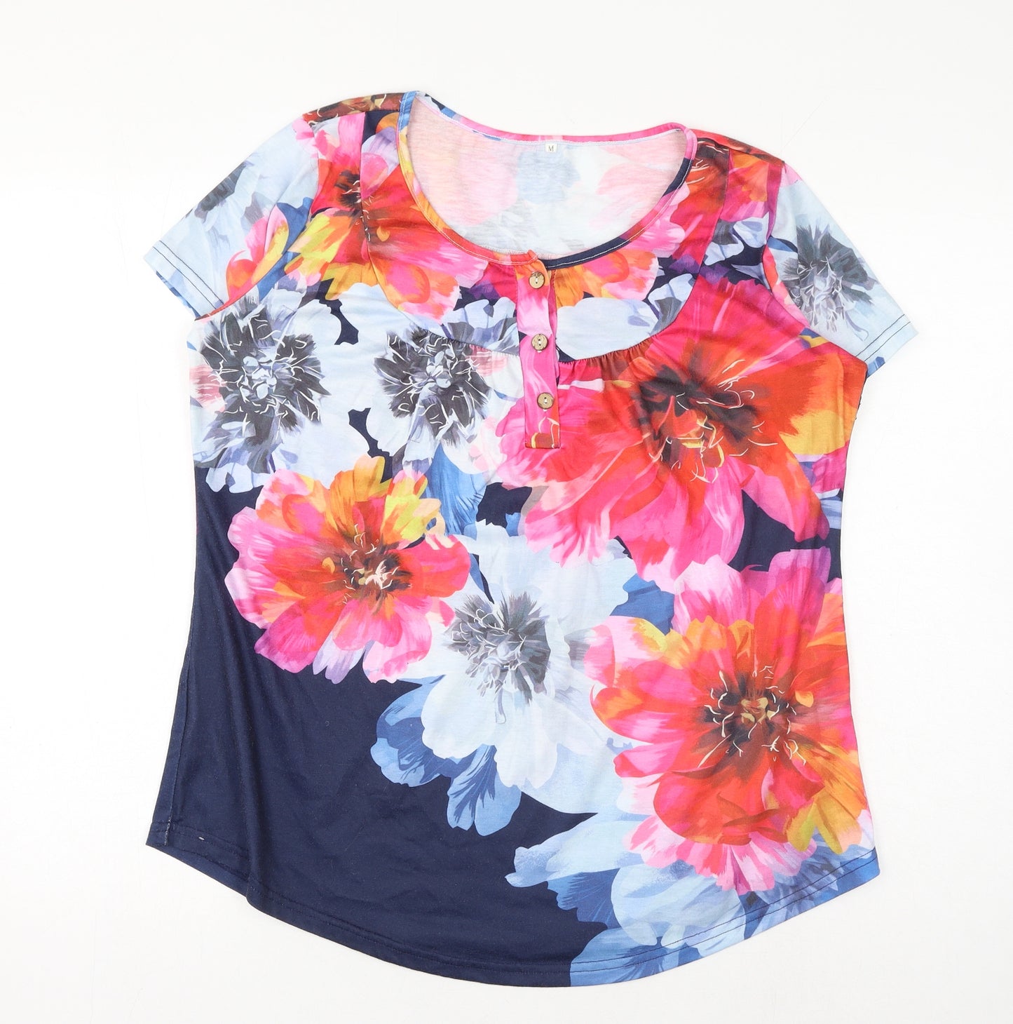 Preworn Womens Multicoloured Floral Polyester Basic T-Shirt Size M Scoop Neck