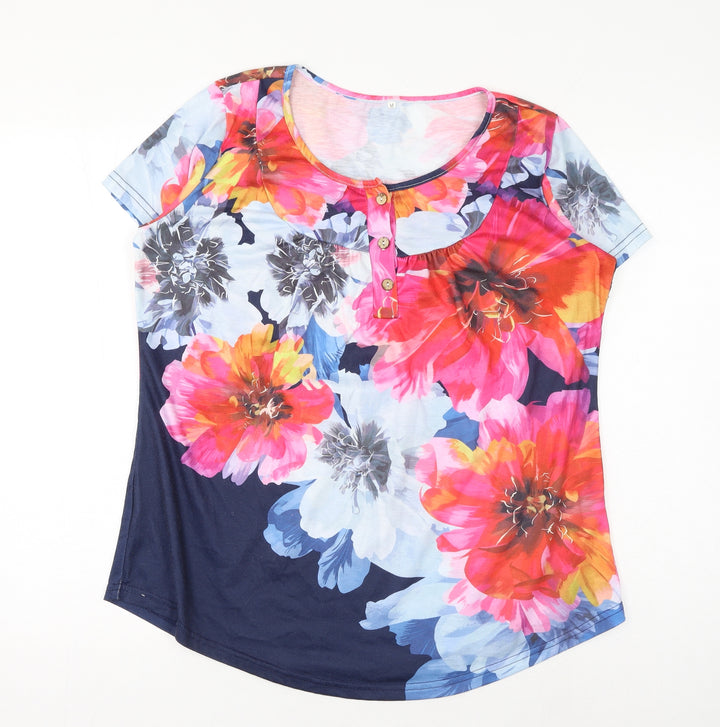 Preworn Womens Multicoloured Floral Polyester Basic T-Shirt Size M Scoop Neck