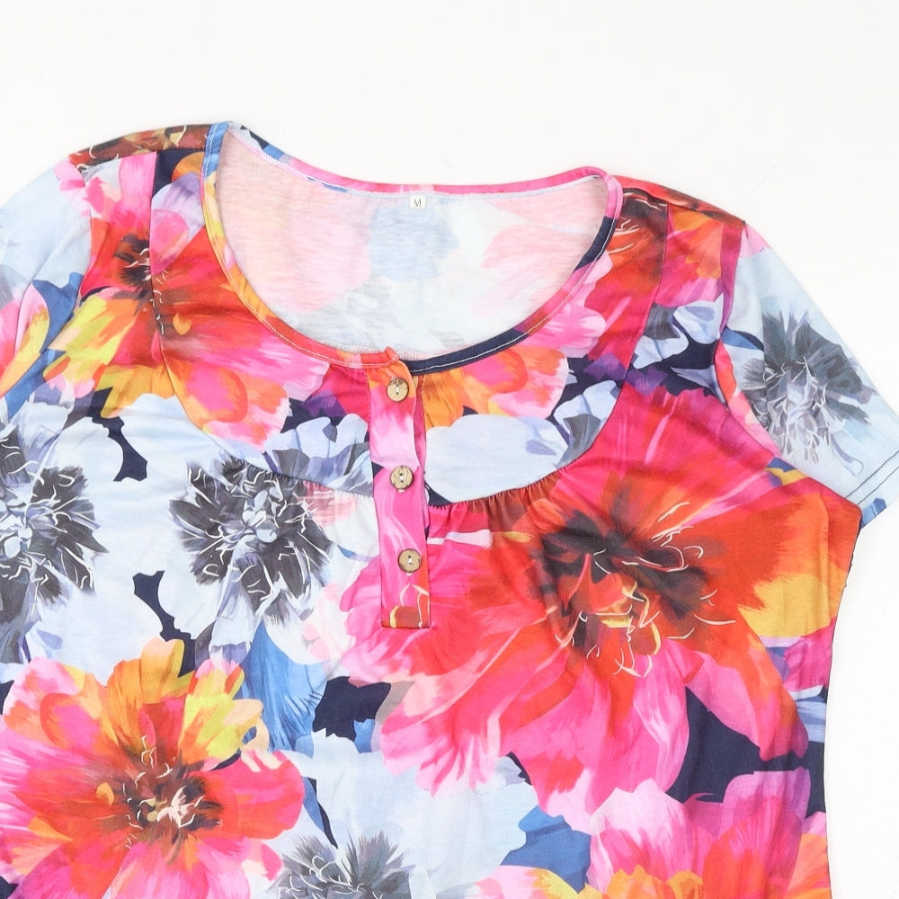 Preworn Womens Multicoloured Floral Polyester Basic T-Shirt Size M Scoop Neck