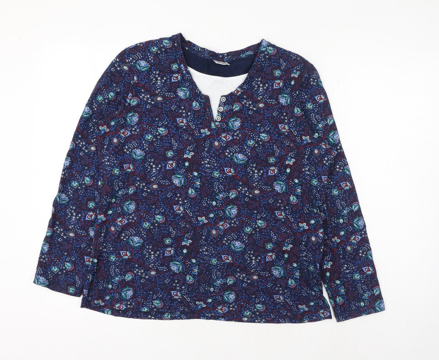 Damart Womens Blue Geometric Cotton Basic Blouse Size M V-Neck