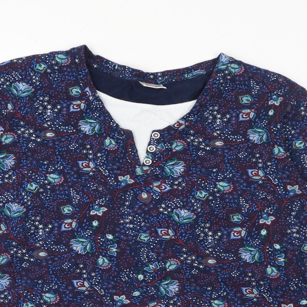 Damart Womens Blue Geometric Cotton Basic Blouse Size M V-Neck