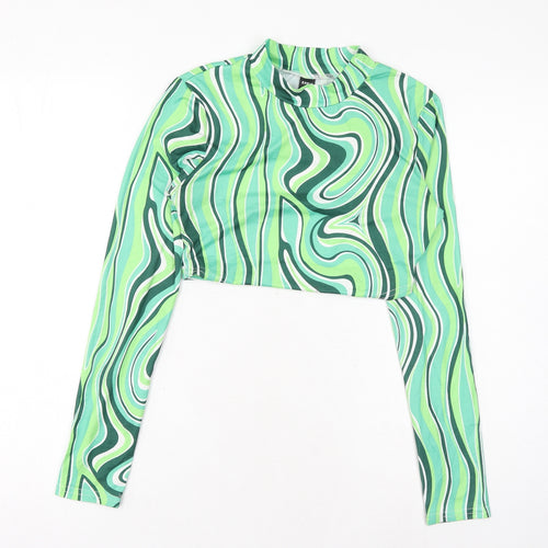 SheIn Womens Green Geometric Polyester Cropped Blouse Size S Round Neck - Cut Out Back