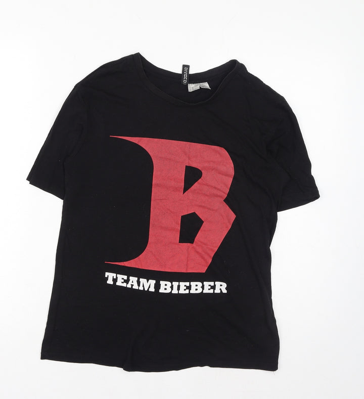 H&M Womens Black Cotton Basic T-Shirt Size XS Round Neck - Team Bieber