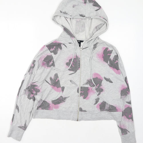 H&M Womens Grey Floral Cotton Full Zip Hoodie Size XS Zip - Cropped