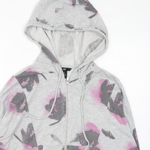 H&M Womens Grey Floral Cotton Full Zip Hoodie Size XS Zip - Cropped