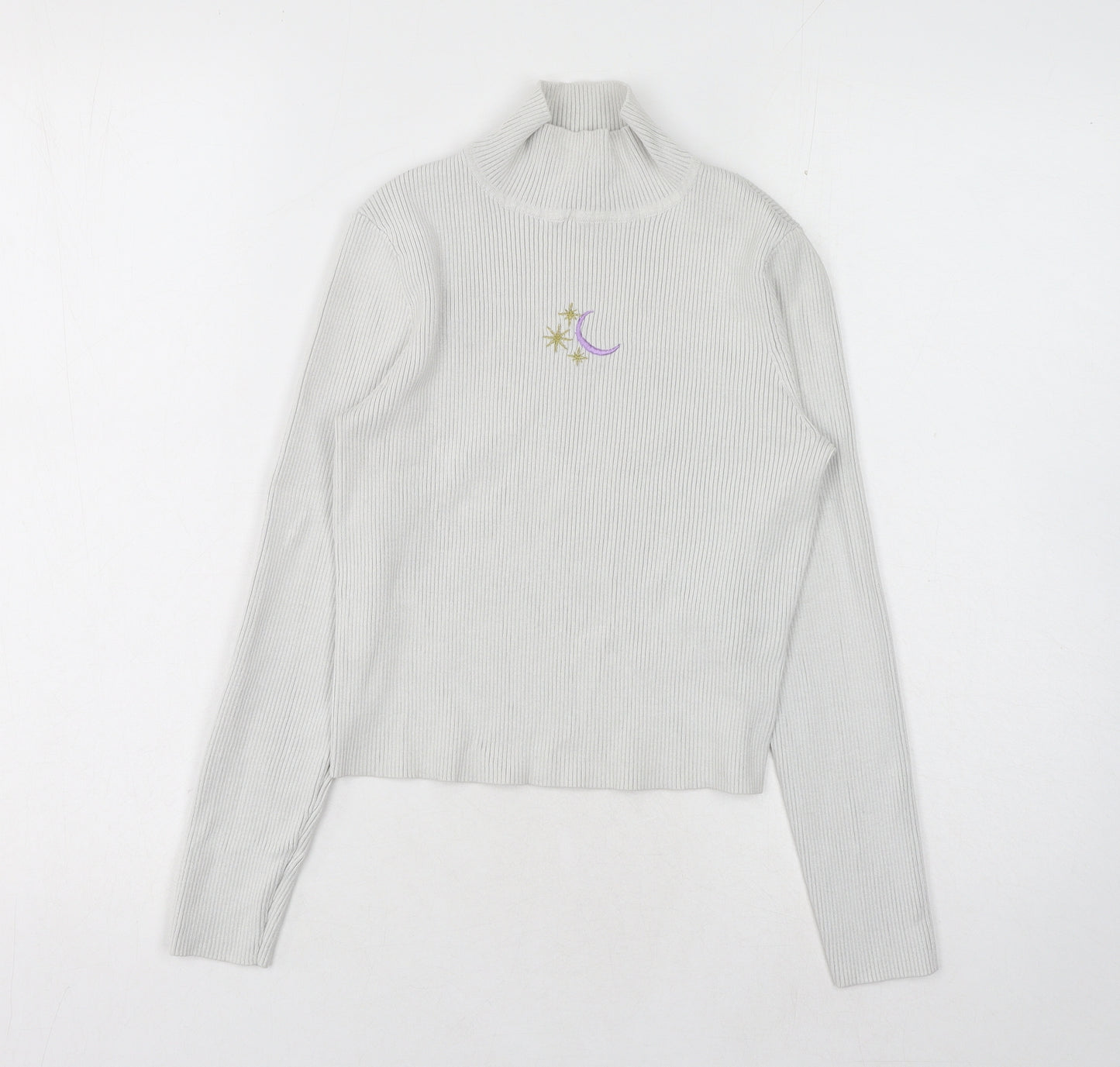 H&M Womens Grey High Neck Acrylic Pullover Jumper Size L - Cropped, Sun & Moon