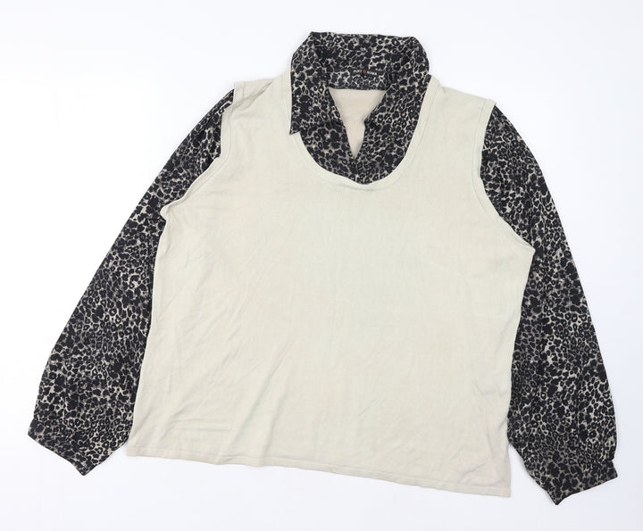 Punt Roma Womens Beige Collared Animal Print Acrylic Pullover Jumper Size XL - Leopard Print 2 in 1 Shift