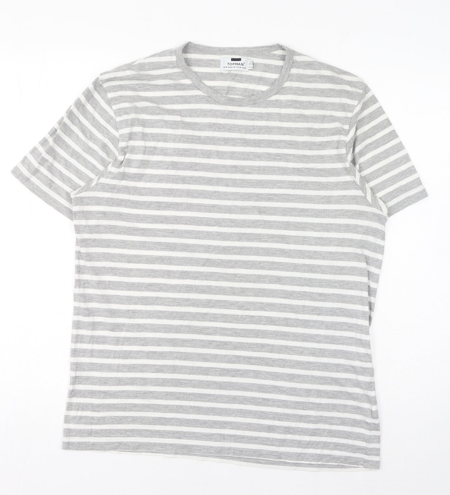 Topman Mens Grey Striped Cotton T-Shirt Size M Round Neck