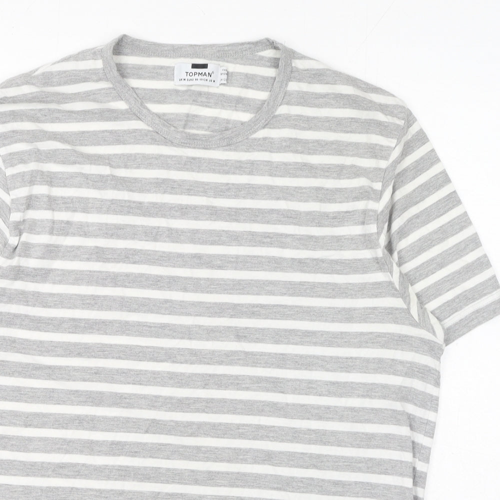 Topman Mens Grey Striped Cotton T-Shirt Size M Round Neck