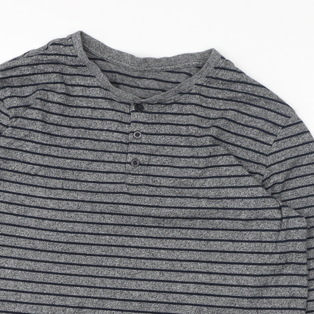 F&F Mens Grey Striped Polyester T-Shirt Size M Henley