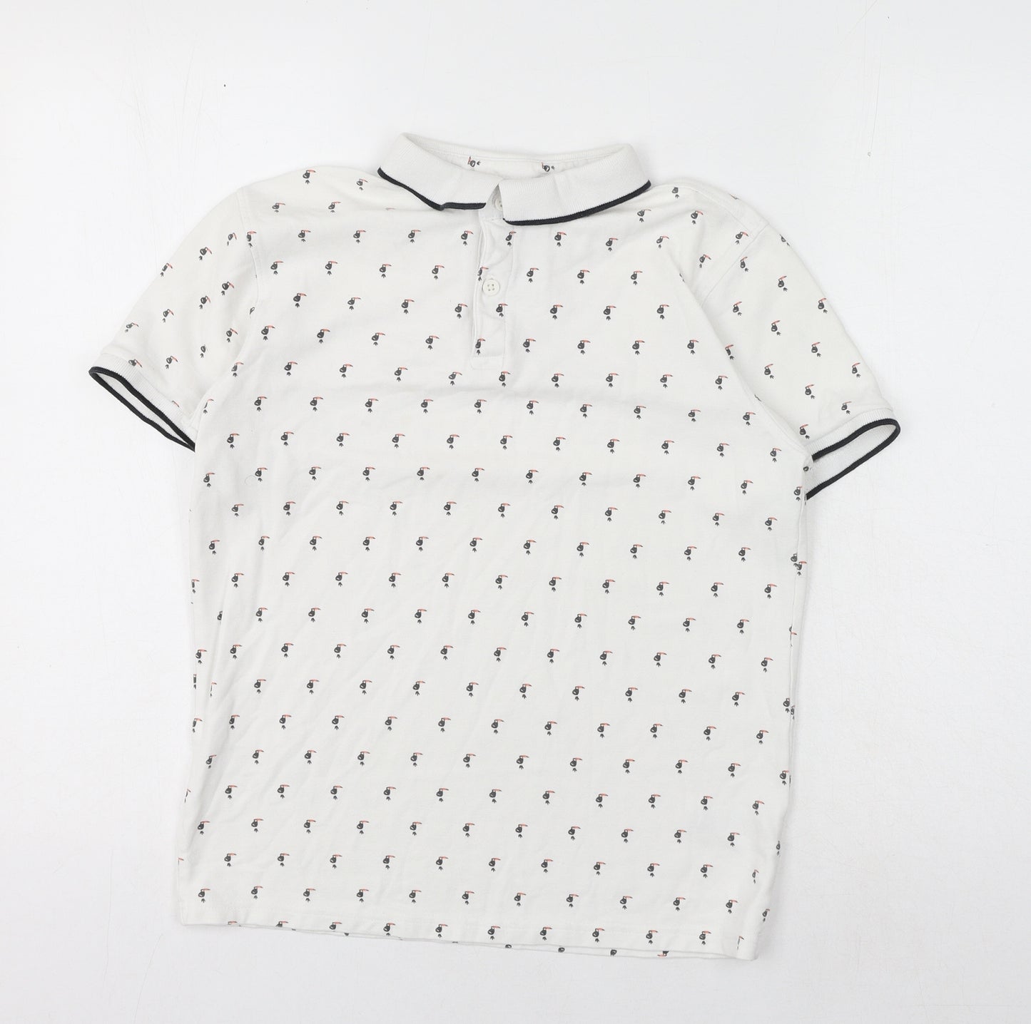 Primark Mens White Geometric Cotton Polo Size S Collared Button - Toucan