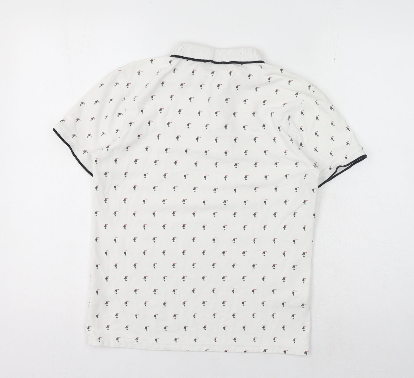 Primark Mens White Geometric Cotton Polo Size S Collared Button - Toucan