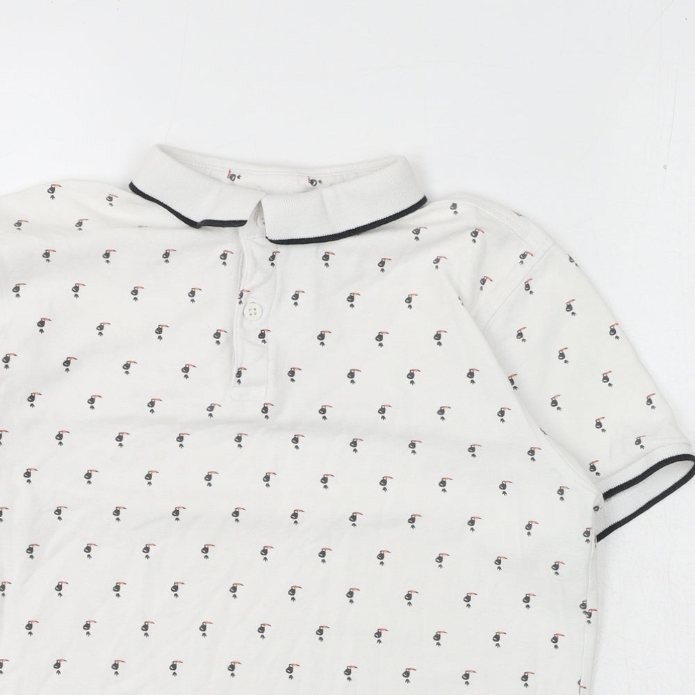 Primark Mens White Geometric Cotton Polo Size S Collared Button - Toucan