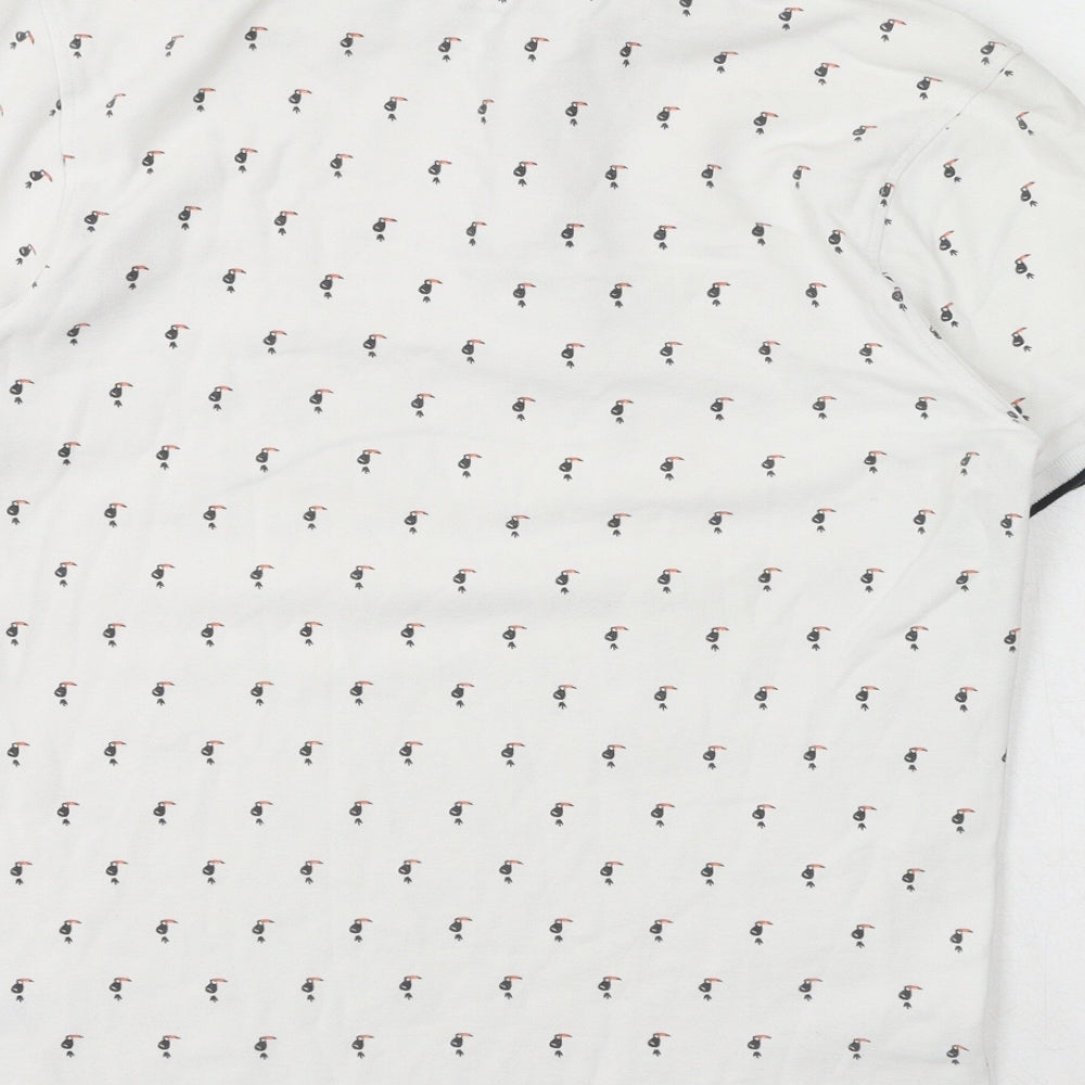 Primark Mens White Geometric Cotton Polo Size S Collared Button - Toucan