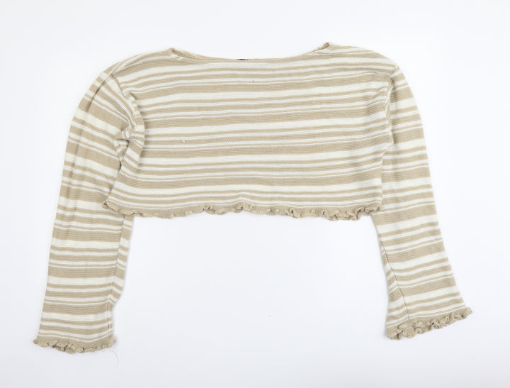 Nasty Gal Womens Beige Boat Neck Striped Acrylic Pullover Jumper Size S - Cropped