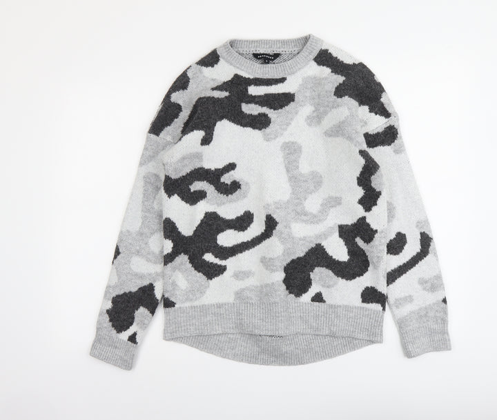 Peacocks Womens Grey Round Neck Camouflage Acrylic Pullover Jumper Size S