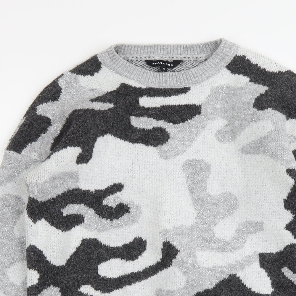 Peacocks Womens Grey Round Neck Camouflage Acrylic Pullover Jumper Size S