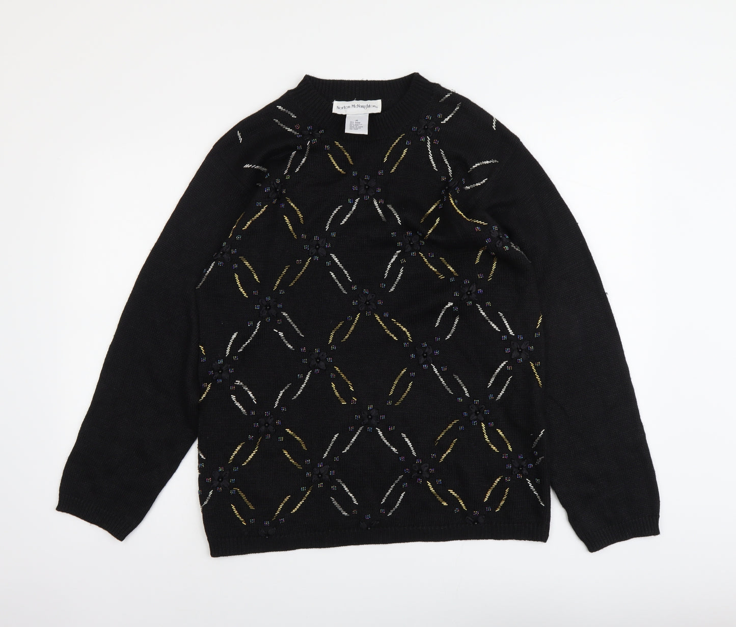 Norton McNaughton Womens Black Round Neck Geometric Ramie Pullover Jumper Size M