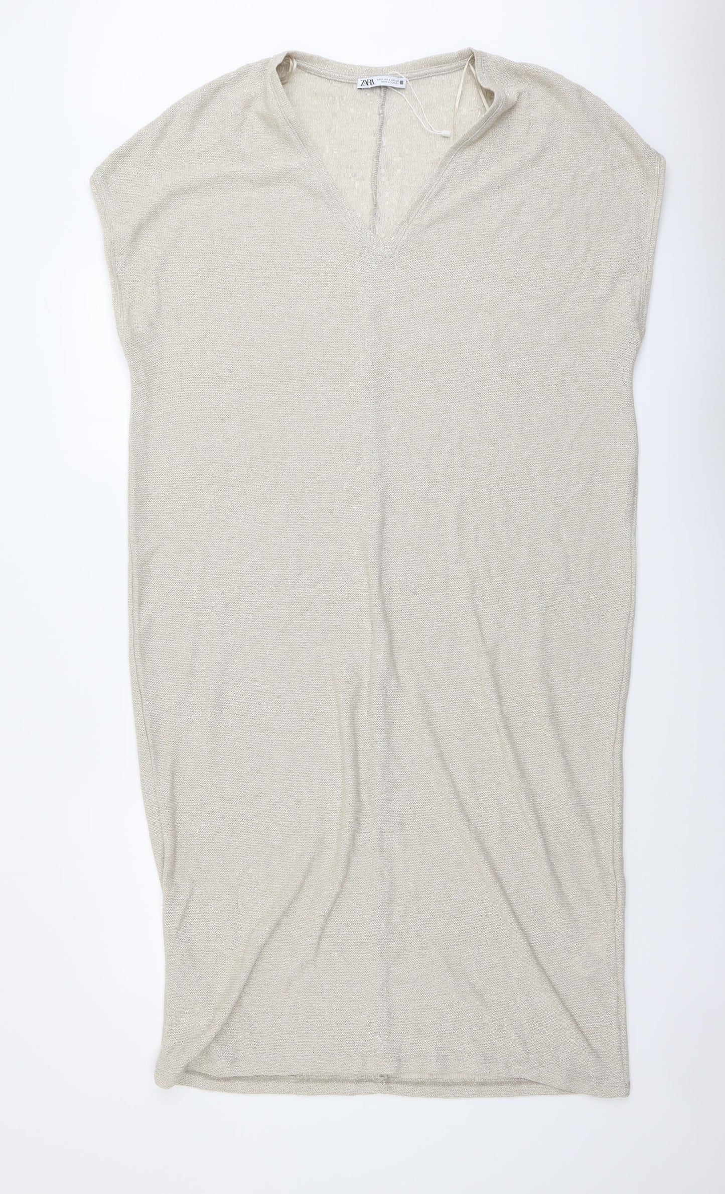 Zara Womens Gold Polyester A-Line Size S V-Neck Pullover
