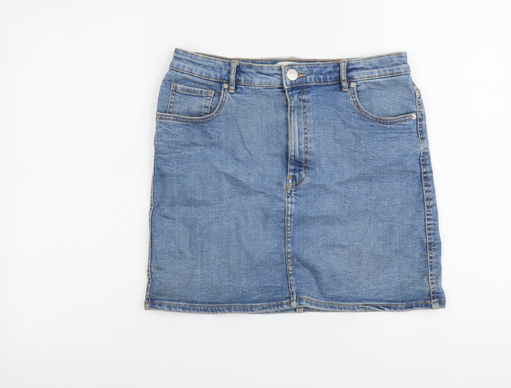 Zara Womens Blue Cotton Straight & Pencil Skirt Size L Button