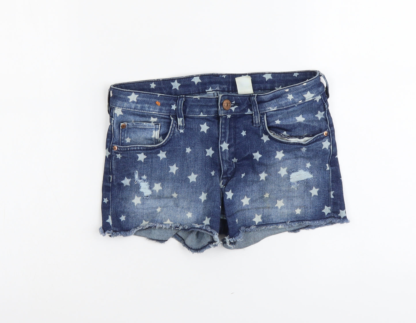 H&M Girls Blue Geometric Cotton Hot Pants Shorts Size 12-13 Years Regular Buckle - Star Pattern