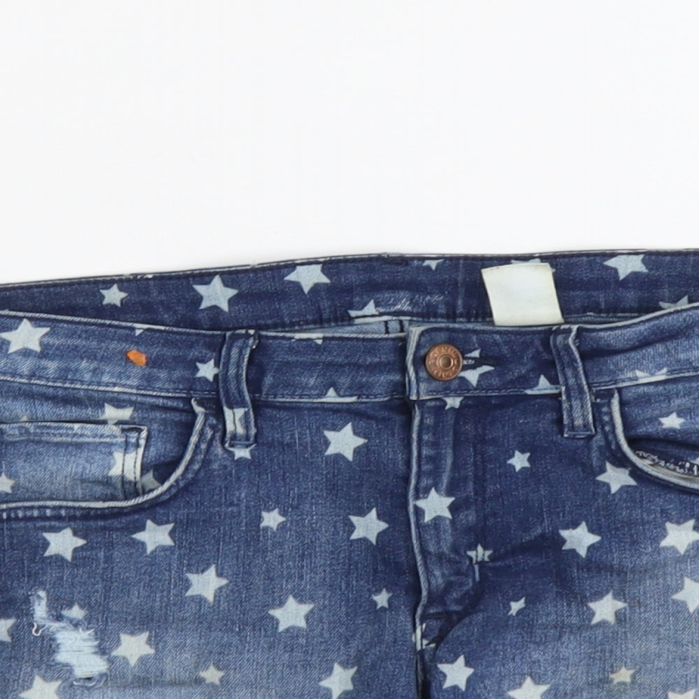 H&M Girls Blue Geometric Cotton Hot Pants Shorts Size 12-13 Years Regular Buckle - Star Pattern
