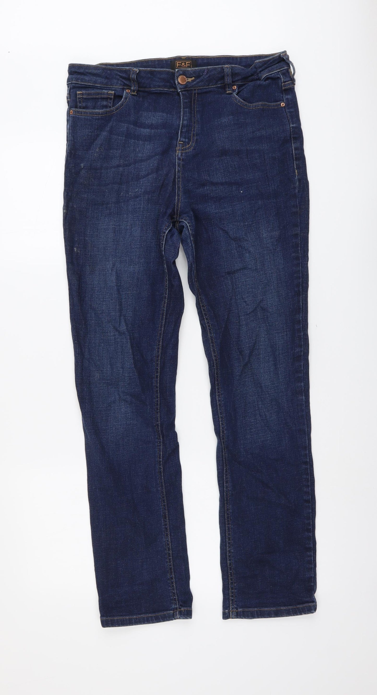 F&F Womens Blue Cotton Straight Jeans Size 14 L30 in Regular Button