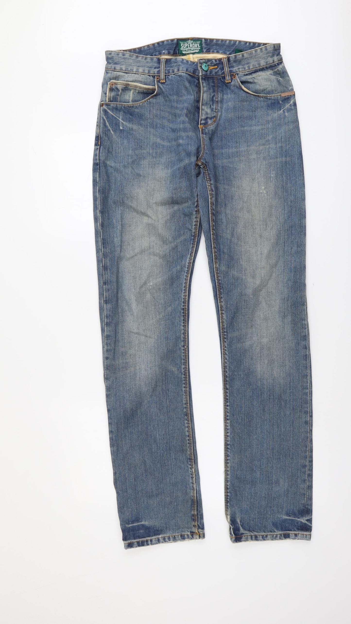 Superdry Mens Blue Cotton Straight Jeans Size 30 in L34 in Regular Button